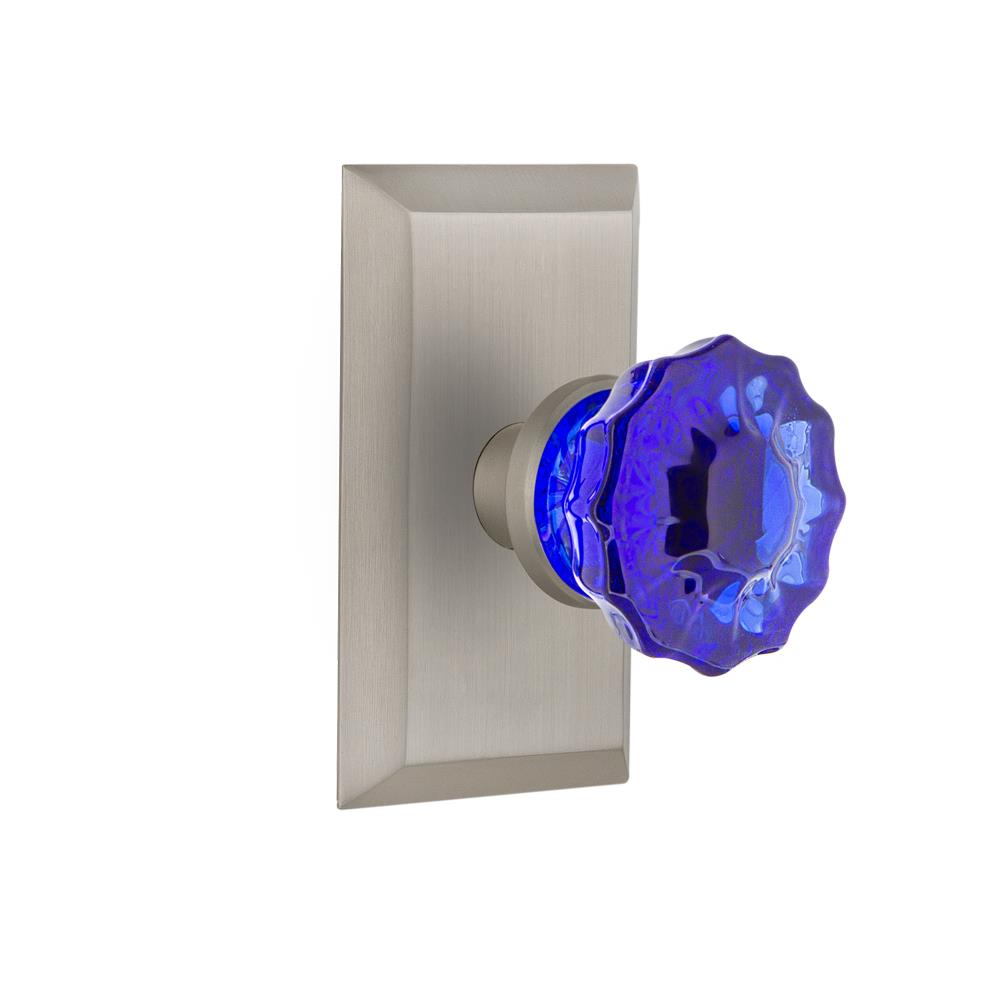 Nostalgic Warehouse STUCRC Colored Crystal Studio Plate Passage Crystal Cobalt Glass Door Knob in Satin Nickel